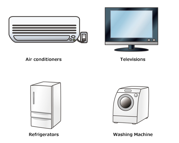 air conditioners, televisions, refrigerators, washing machine