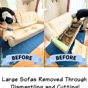 Large Sofas Removed Through Dismantling and Cutting!